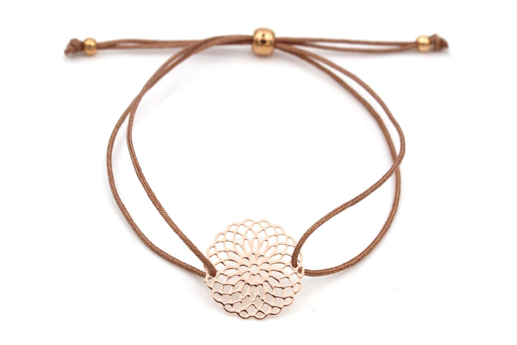 braunes Armband Makramee mit Wunderblume rosegold und Kugelverschluss