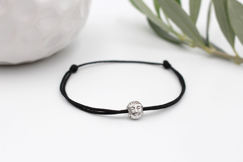 buddhistisches Armband schwarz mit Buddha Perle silberfarben