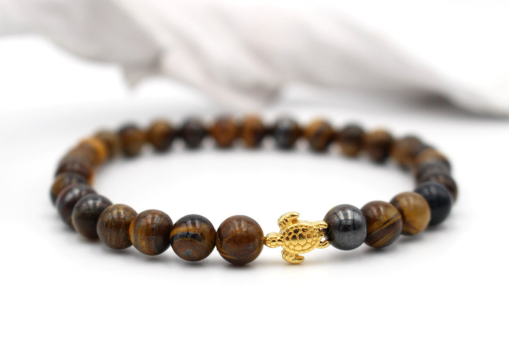 Herren Armband Tigerauge braun mit goldfarbener Schildkröte