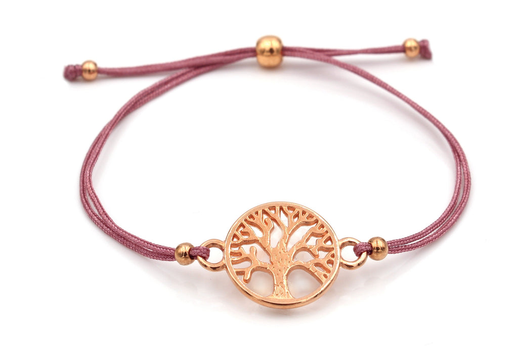 Aubergine Red farbenes Makramee Armband mit Baum des Lebens in rosegold
