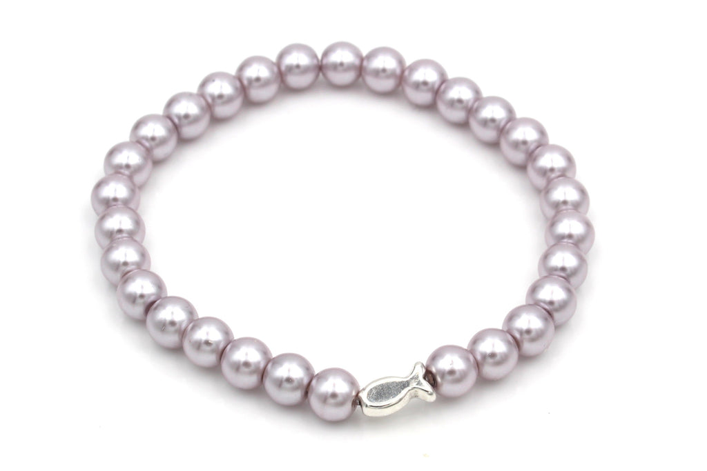 lila Perlenarmband mit Fisch silber für Mädchen zur 1. hl. Kommunion 
