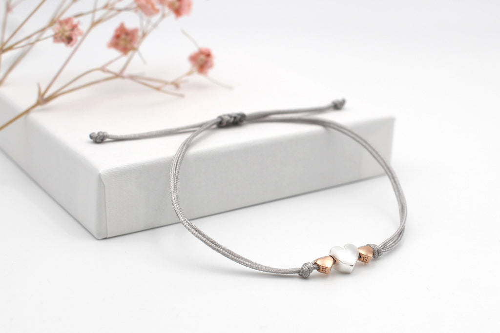 Mutter Kind Armband 925 Silber Herz und geflochtenem Makramee Verschluss verstellbar