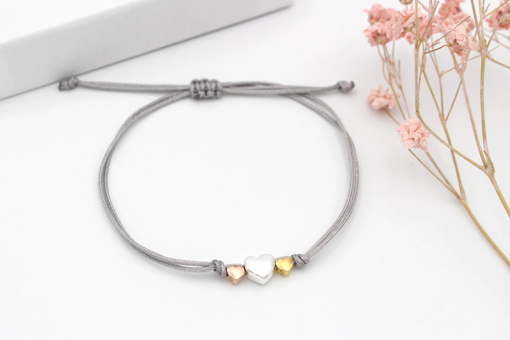hell Graues Mutter Kind Armband 3 Herzen tricolor aus 925 Silber, Rosé vergoldet und vergoldet