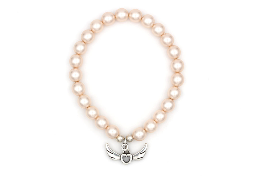 Perlenarmband Anhänger Engelsflügel Farbe silber und Perlen in rosa perlmutt, elastisch