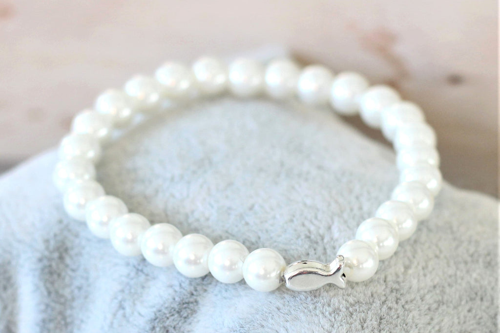 Perlenarmband ivory mit Fisch silber als Kommuniongeschenk für Mädchen  und Jungen