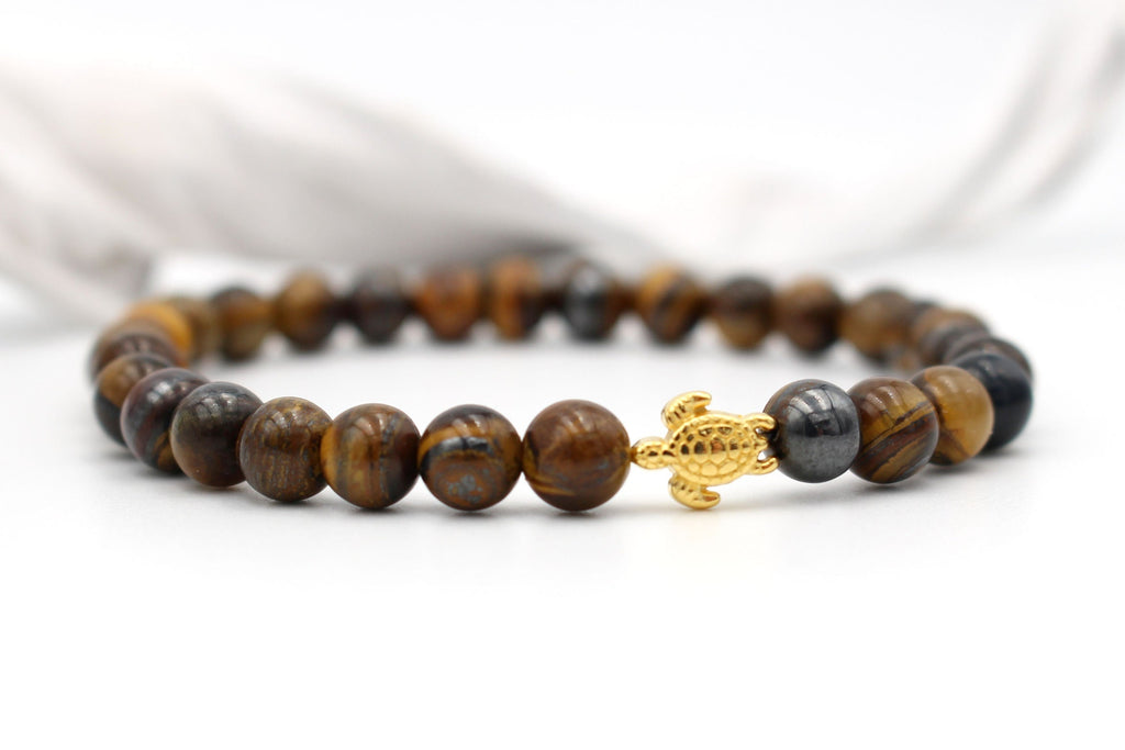 Armband Tigerauge in braun mit goldfarbener Schildkröte