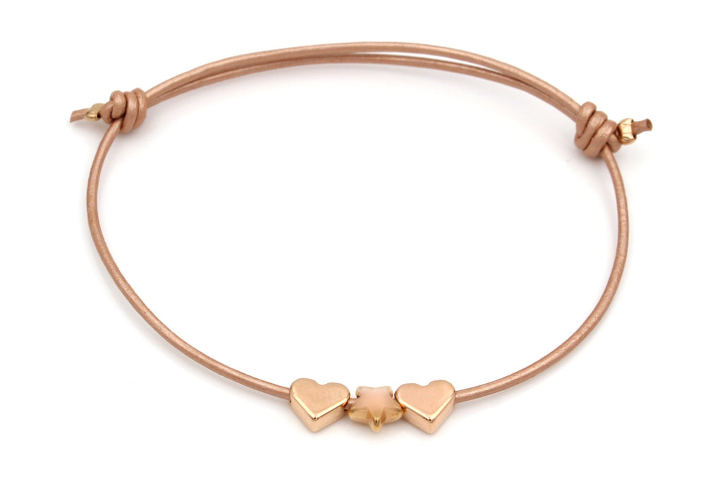 Leder Armband rosenholz mit Herz und Stern als Freundschaftsarmband mit Schiebeknoten Verschluss