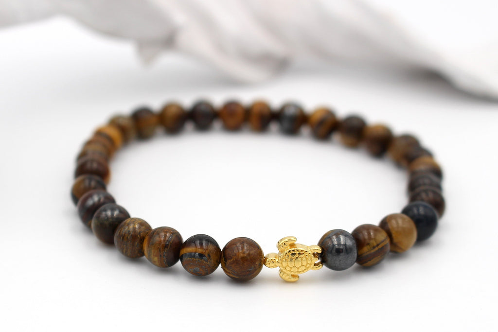 Perlenarmband Tigerauge mit Schidlkröte in goldfarben, elastisch und dehnbar
