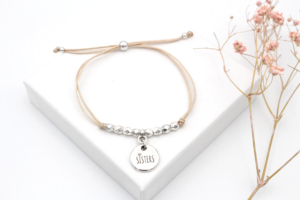 Schwestern Armband silber und rosenhoz farbenes Makrameeband mit Kugelverschlusss