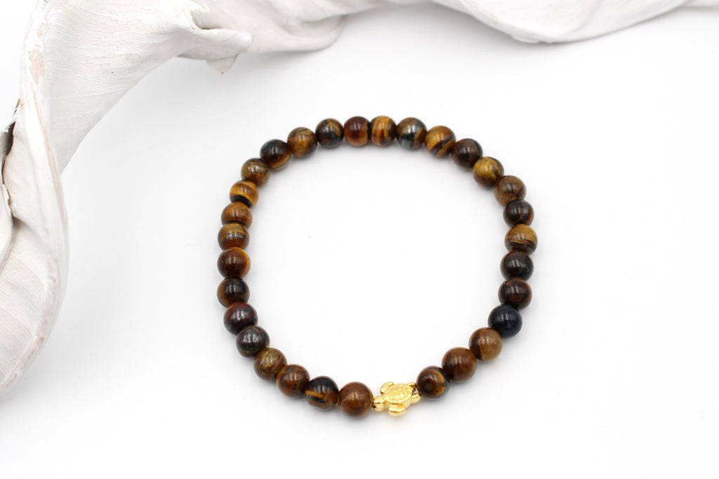 Perlenarmband für Herren aus braunen Tigeraugen Naturstein Perlen und goldfarbener Schildkröte