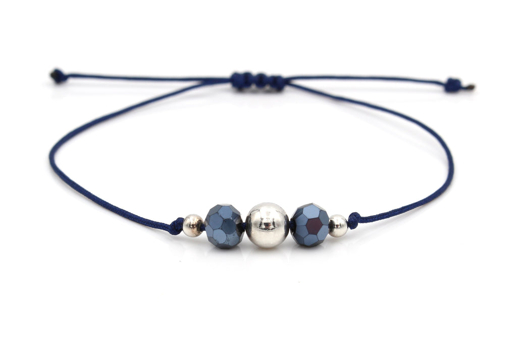 edles Makramee Armband 3 Perlen 925 Silber dunkel blau und verstellbarem Makramee Verschluss