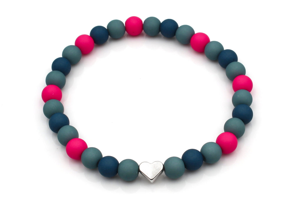 buntes Perlenarmband mit Herz Farbe silber, pink türkis blau, dehnbar