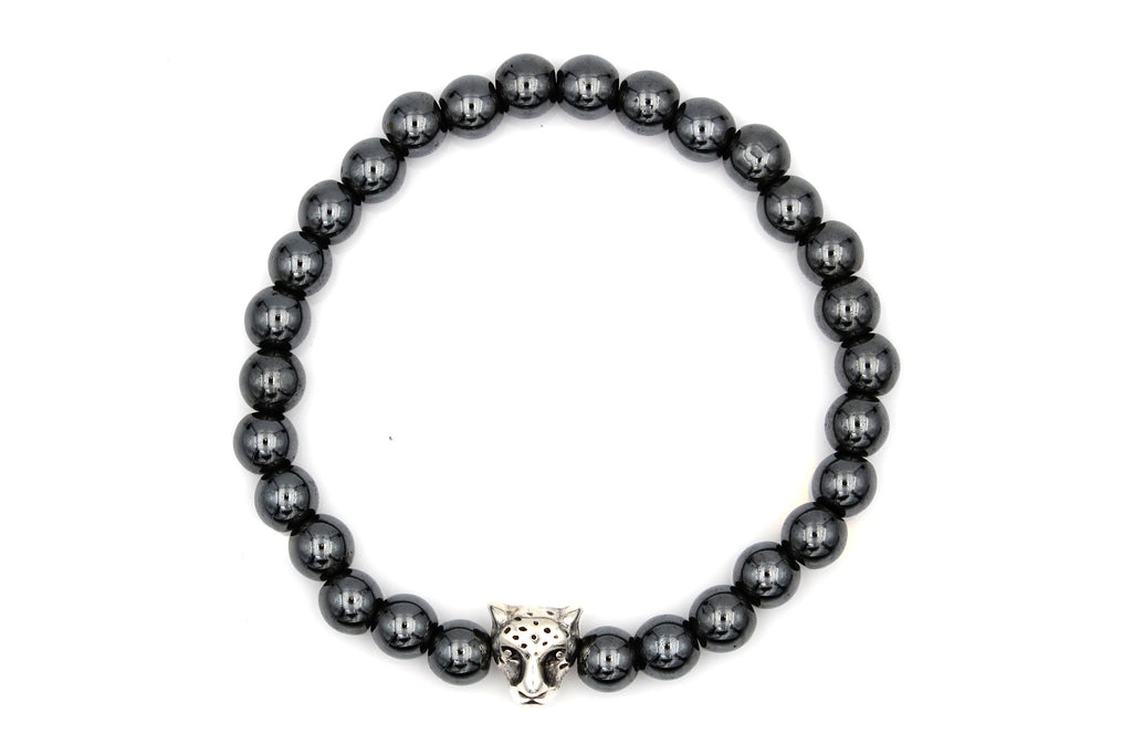 Perlenarmband Herren schwarz grau mit Tiger Kopf