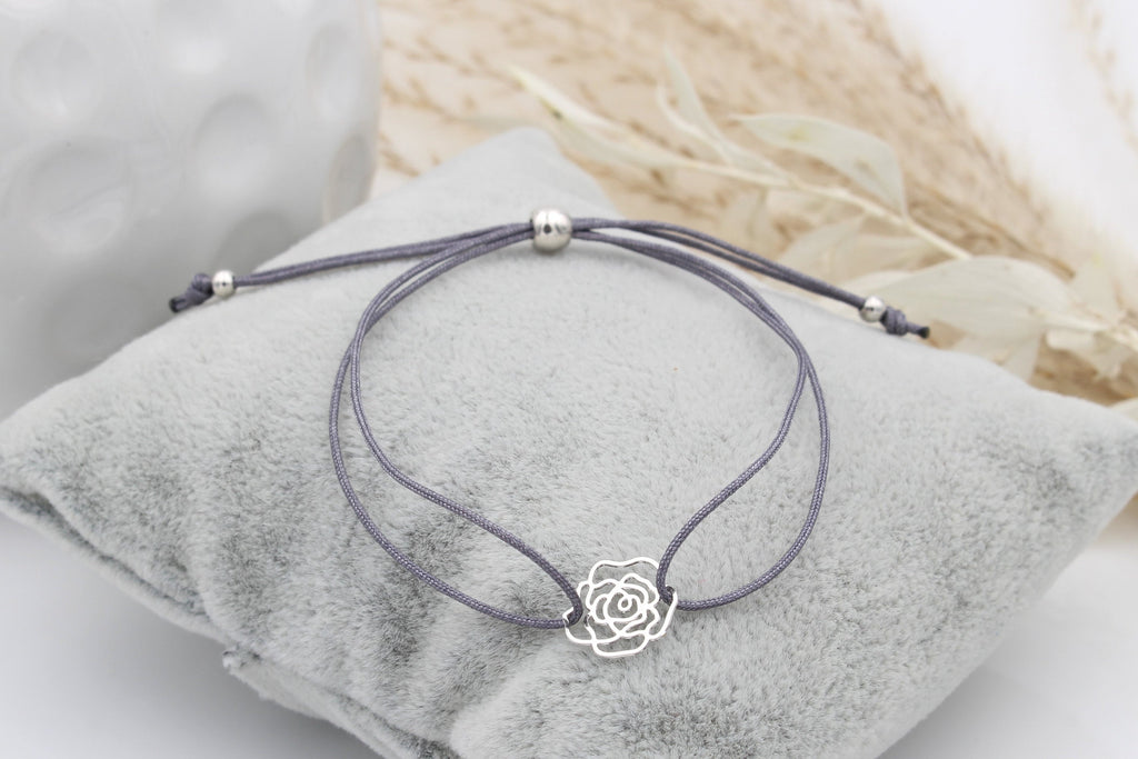 Armband kleine Rose in silberfarben und blaugrau als Freundschaftsarmband für Damen