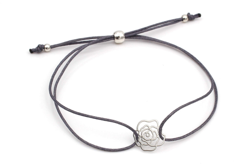 graues Makramee Armband kleine Rose  silberfarben und Kugelverschluss als freundschaftsarmband Freundin