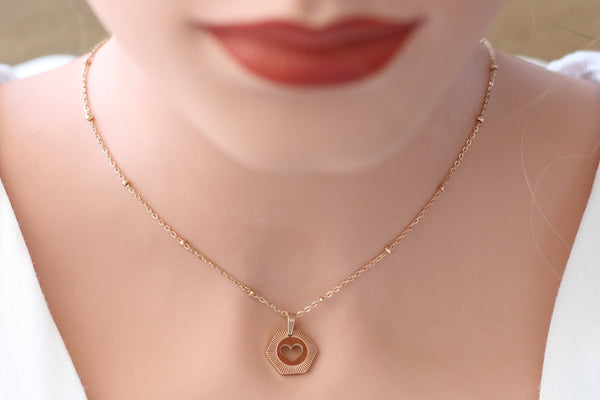 Halskette Edelstahl mit Anhänger Herz Hexagon Farbe rosegold, 
