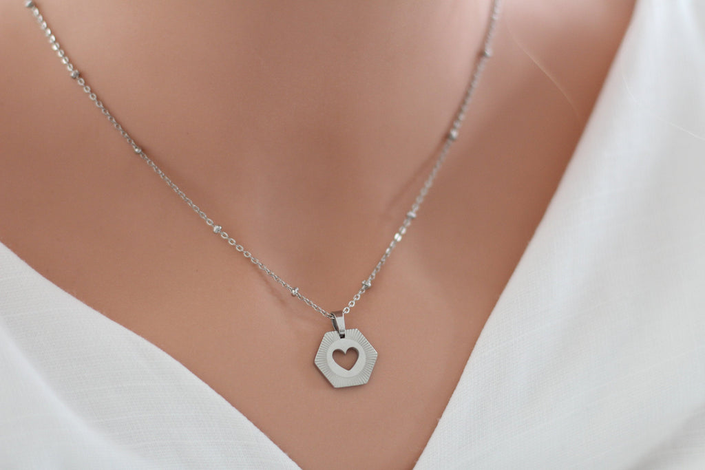 Herz Kette aus Edelstahl in Hexagon Form für Damen
