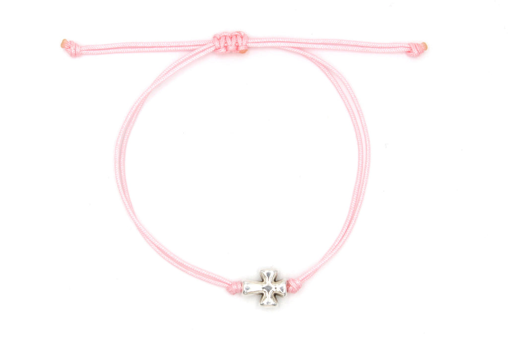 rosa Makramee Armband Kreuz silberfarben als Geschenk zur Kommunion