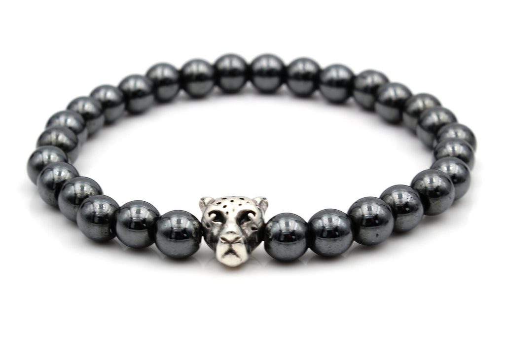 Perlenarmband Leopard für Herren in anthrazit grau mit Leoparden Kopf silber farben aus Hämatite Perlen