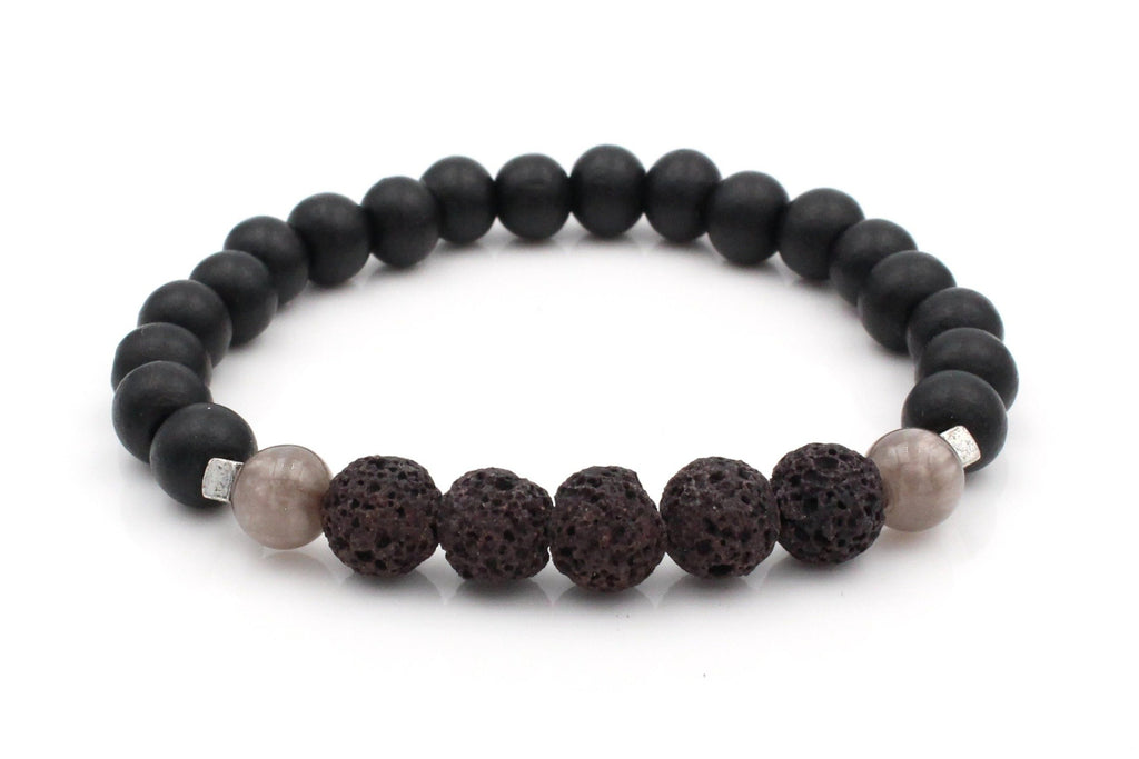 Perlenarmband Herren schwarz und grau, elastisch und dehnbar aus Holzperlen und schwarzen Lavaperlen mit silbernen Details