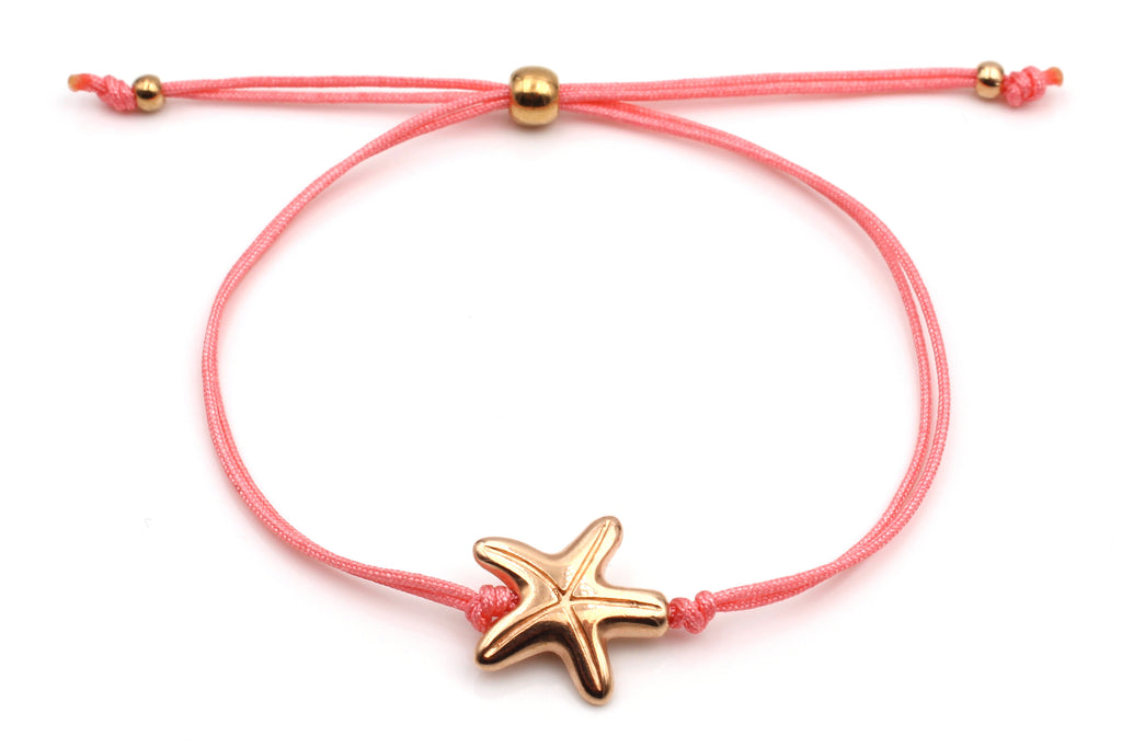 neonfarbiges Armband Seestern in koralle und rosegold als Makrameearmband mit edlem Kugelverschluss zum verstellen